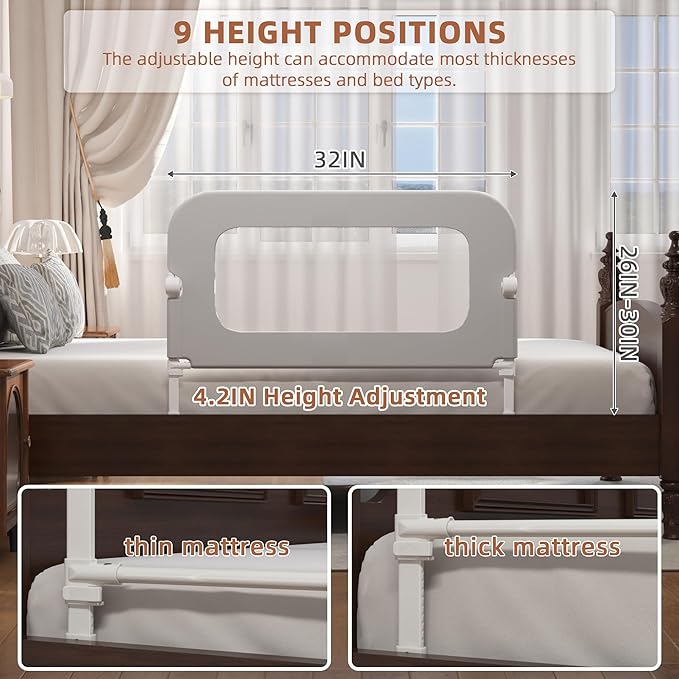 Bed Rail for Toddlers, Baby Bed Rail Guard for Kids, Toddler Bed Rails with Reinforced Anchor Fit, Height Adjustable & Foldable Bed Rail Guard for Twin, Full, Queen & King Beds (Grey, 32IN)-CubbioJoy