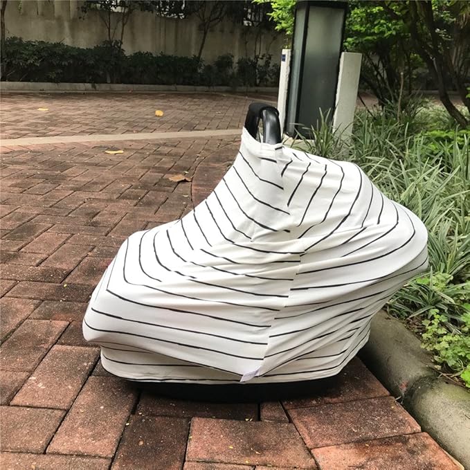 Car Seat Cover Baby – Multi-use Nursing Cover-Up for Breastfeeding, Carseat Canopy Cover, Stretchy Infant Stroller Covers for Boys and Girls (White with Black Stripes)-CubbioJoy