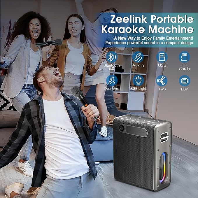 Karaoke Machine with Two Wireless Microphones, Powerful Portable Bluetooth Speaker for Adults & Kids, PA System with 2 Voice Mode, LED Lights, Supports BT/TWS/AUX/USB/TF for Party (Black+Sliver)-CubbioJoy