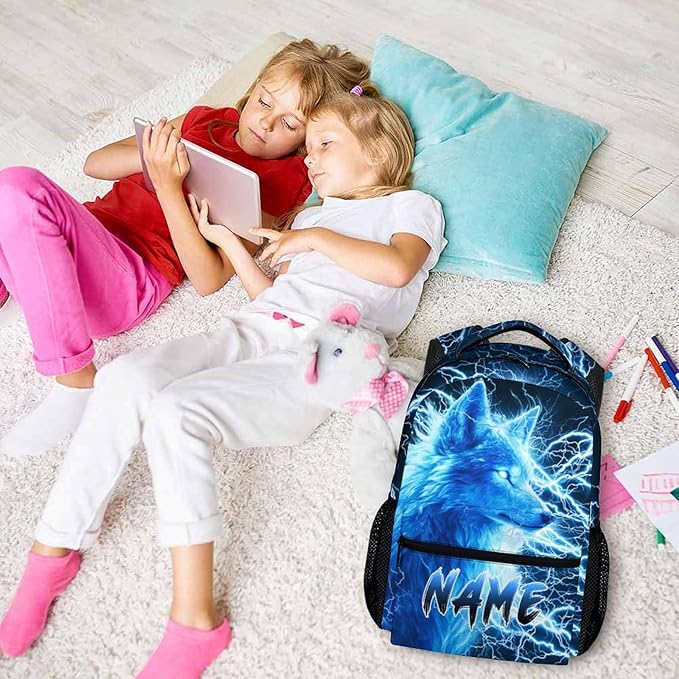 Custom Wolf Backpack for Boys Kids - 17 Inch Personalized Lightning Backpack for School Kindergarten Elementary Primary Senior Middle - Durable Cool Schoolbag with Name-CubbioJoy