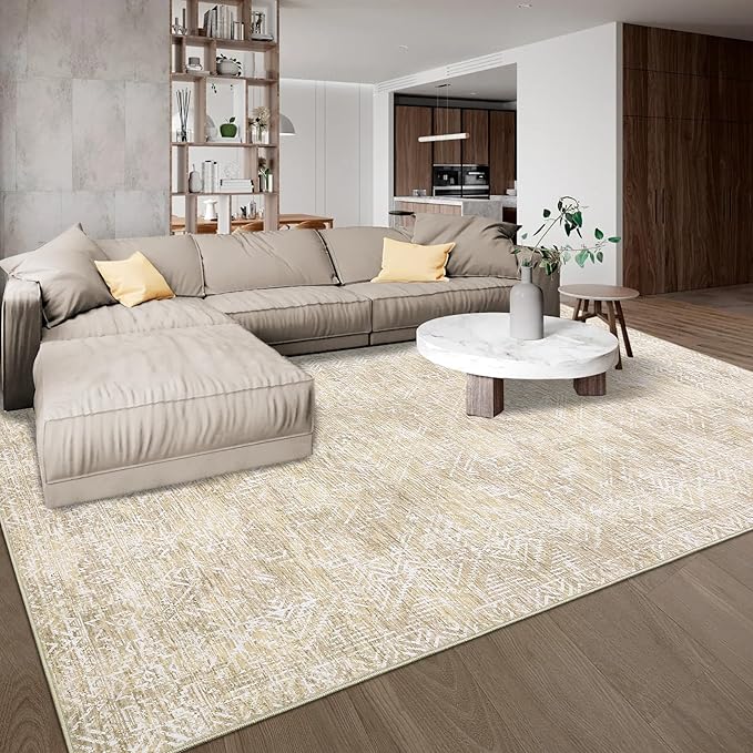 COZYLOOM 4x6 Rug Machine Washable Foldable Printed Area Rug Modern Distressed with Non Slip Design Stain Resistant Non Shedding Pet Friendly Carpet Perfect for Home Decor, Faux Wool, Beige-CubbioJoy