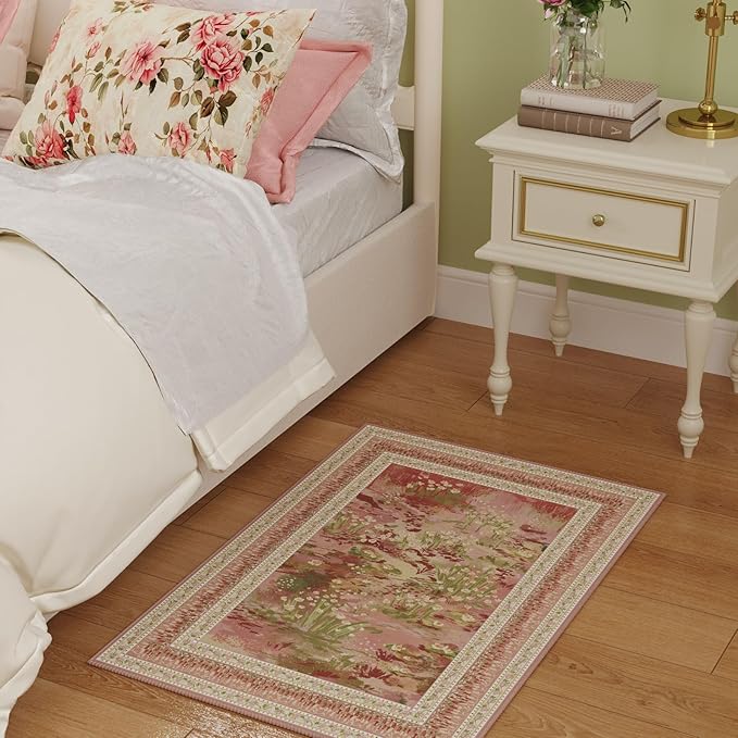 2x3 Rug Impressionist-Style Vintage Indoor Door Mat Machine Washable Small Area Rug Non-Slip Low Pile Throw Rugs for Entryway Kitchen Front Door Indoor Entrance Entry Kids Room, Pink-CubbioJoy