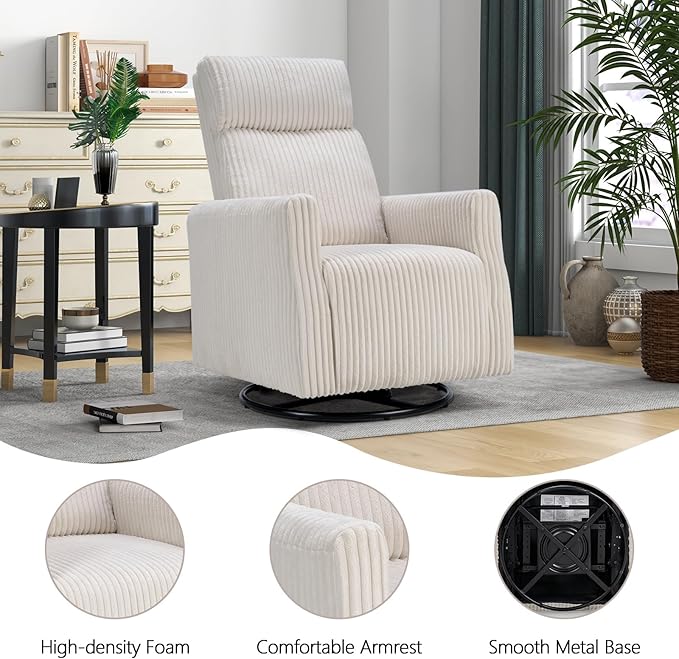 CANMOV Swivel Rocker Chair for Nursery, Swivel Accent Chair with High Back and Arms, Corduroy Glider Chair for Living Room Bedroom Nursery, Beige-CubbioJoy