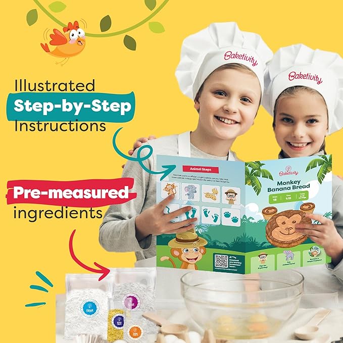 BAKETIVITY Monkey Banana Bread Kids Baking Kit | Banana Cake Kids Baking Set for Girls & Boys | Baking Set for Kids with Pre-Measured Ingredients | Perfect Family Gifts for Cooking Lovers Ages 6-12-CubbioJoy