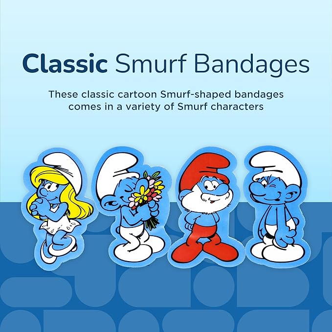 BioSwiss Bandages, The Smurfs Classic Shaped Self Adhesive Bandage, Latex Free Sterile Wound Care, Fun First Aid Kit Supplies for Kids and Adults, 50 Count Plastic Case-CubbioJoy
