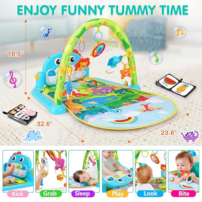 Baby Play Mat Baby Toys Tummy Time Mat Toys Musical Activity Center for Infant Toy with High-Contrast Piano Music & Light Newborn Babies Gifts for Boy Girl Babies Toy 0-6 6-12 Months Dinosaur Style-CubbioJoy