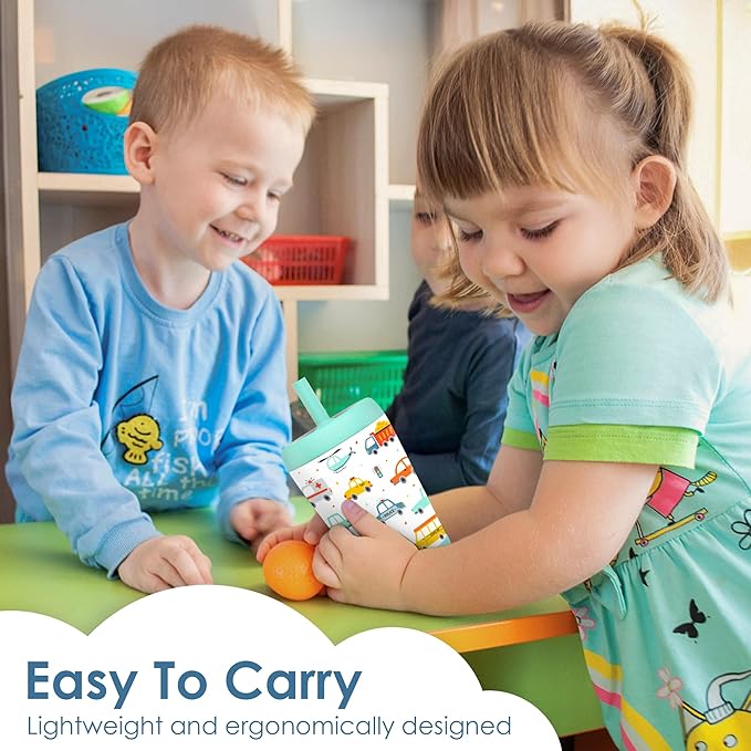 Kid Insulated Stainless Steel Tumbler with Silicone Straw, 12oz Sippy Cup for Kids (Transportation)-CubbioJoy