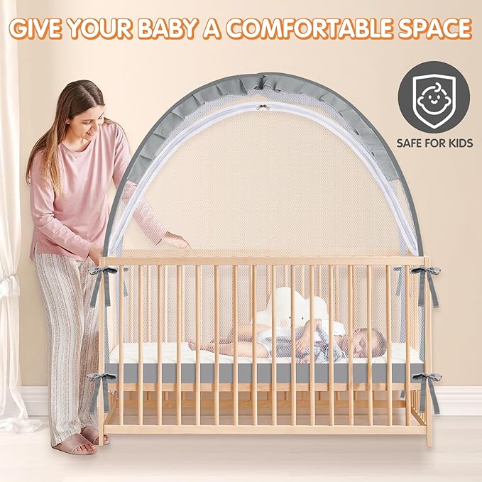Crib Tent to Keep Baby from Climbing Out - Crib Net to Keep Baby in - Pop Up Breathable Cribs Cover - Canopy with Upgrade Strong Mesh and Durable Zipper (Grey, Lager)-CubbioJoy