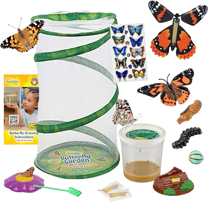 Insect Lore Butterfly Garden - 8" Habitat with 5 Live Baby Caterpillars - Includes Life Cycle Figurines, Stickers, Wind up, Mini Habitat | Birthday or Teacher Gift Set-CubbioJoy