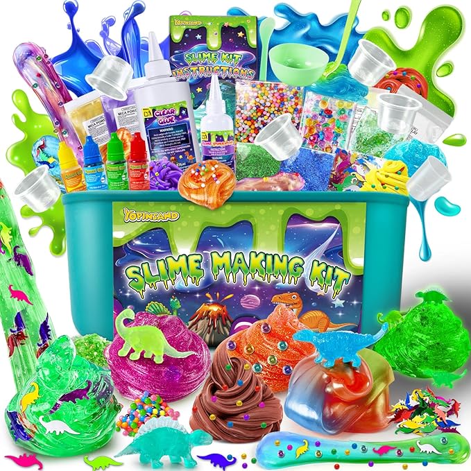 Dinosaur Slime Kit for Girls, Glimmer Crunchy, Galaxy Slime Making Kit for Kids 6-12, Glow in The Dark DIY Slime Kit with Add-ins, Foam Balls, Charms, Glitters, Dinosaur Gift Toys-CubbioJoy