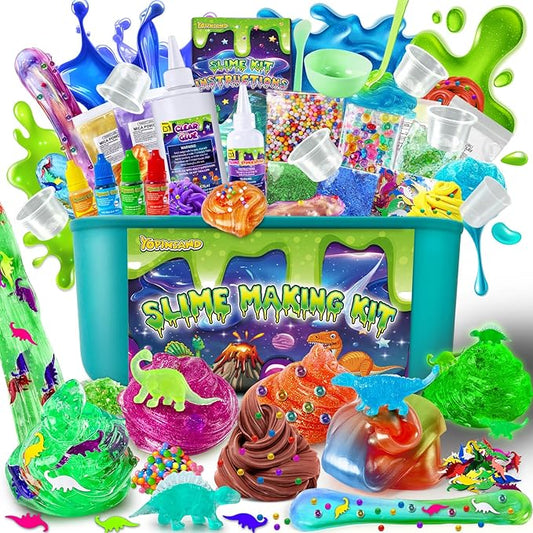 Dinosaur Slime Kit for Girls, Glimmer Crunchy, Galaxy Slime Making Kit for Kids 6-12, Glow in The Dark DIY Slime Kit with Add-ins, Foam Balls, Charms, Glitters, Dinosaur Gift Toys-CubbioJoy