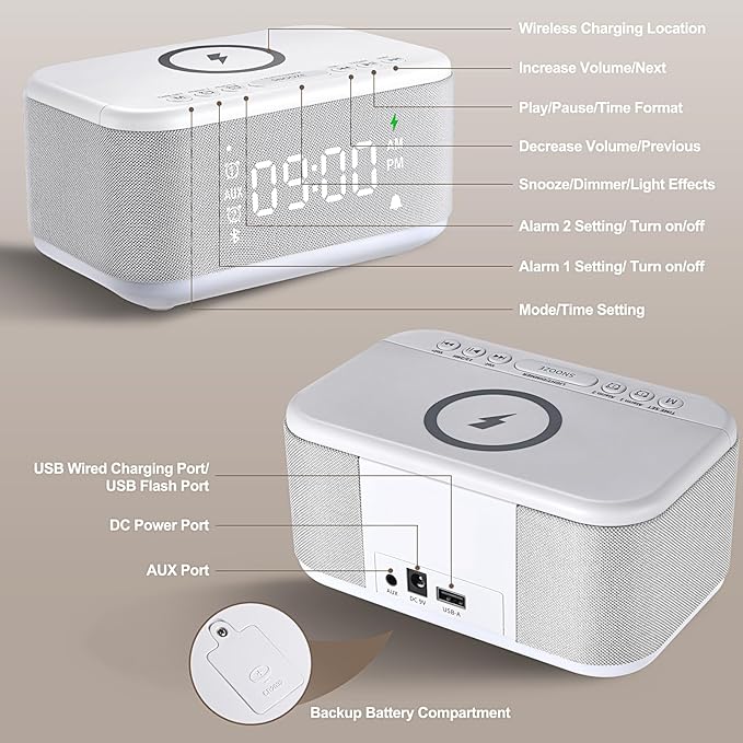Alarm Clock Speaker Wireless Charger, Digital Alarm Clocks Bedrooms Bluetooth, Alarm Clock Dimmable Light Bedrooms Dual Alarm Snooze Dimmer 12 24H RGB Night Light Bluetooth USB AUX, White-CubbioJoy