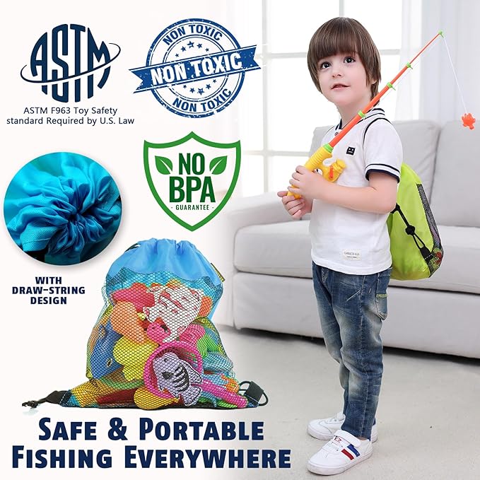 CozyBomB™ Magnetic Fishing Toys Game Set for Kids | Water Table Bathtub Kiddie Pool Party & Pole Rod Net, Plastic Floating Fish Toddler Color Ocean Sea Animals Birthday Age 3 4 5 6 Year-CubbioJoy
