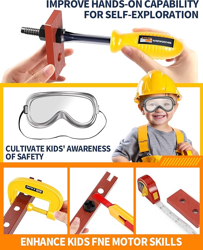 Deejoy 54Pcs Large Kids Tool Set with Electric Saw & Electronic Toy Drill, Pretend Play Kids Construction Set for Toddler 3-5 Years Old, Toddler Boy Toys-Orange-CubbioJoy