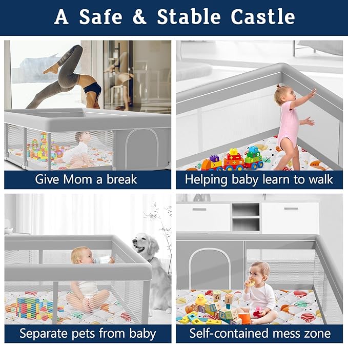 74x50 Inch Baby Playpen with Mat, Playpen with Cute Mat for Babies and Toddlers Play Pen Playards Safety Gate Fence Active Center Indoor-CubbioJoy