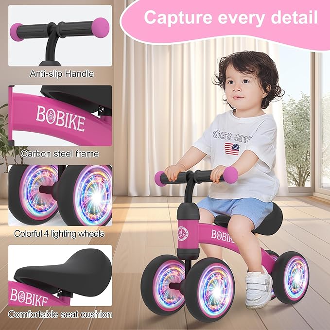 Baby Balance Bike Toys for 12-36 Months Kids Toy Boy and Girls Gifts Toddler Best First Birthday Gift Children Walker No Pedal Infant 4 Wheels Bicycle (Colorful, Rose Red-Light)-CubbioJoy