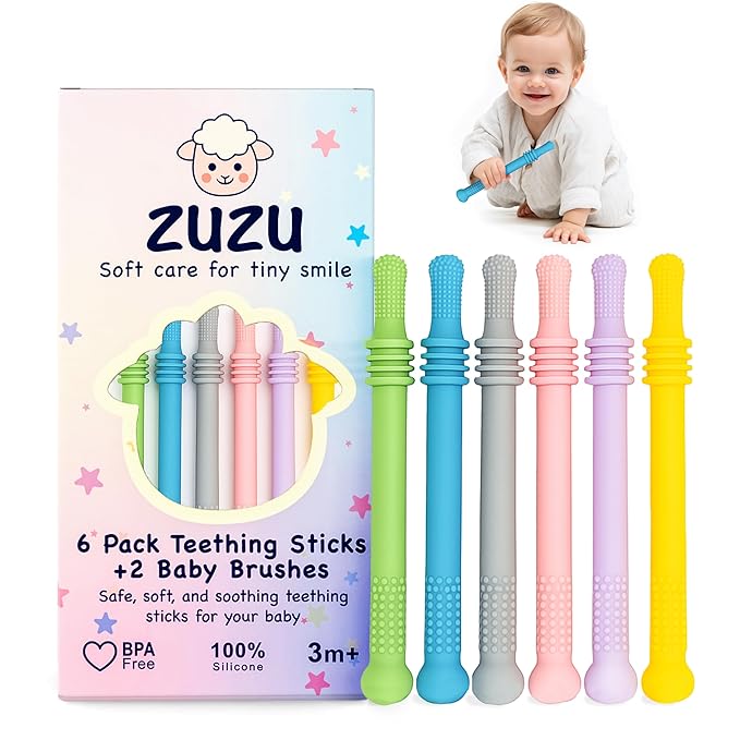 Babies Teether Teething Toys , Montessori Toy Teethers for 0-36 Months, Infant Sensory Relief Teething Stick Toys, Parent Baby Essentials, Baby Gift Teether – BPA‑Free, Food‑Grade Silicone 6 Pack-CubbioJoy