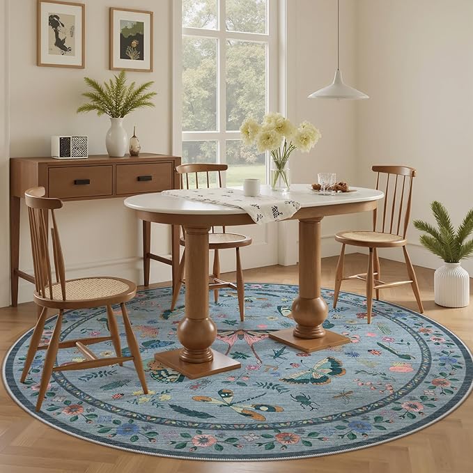4ft Washable Round Rug - Bug Rugs for Living Room Non-Slip Low Pile Soft Ultra-Thin Machine Washable Circle Carpet for Bedroom, Entryway, Nursery, Kitchen, Home Office (4' Round Blue)-CubbioJoy
