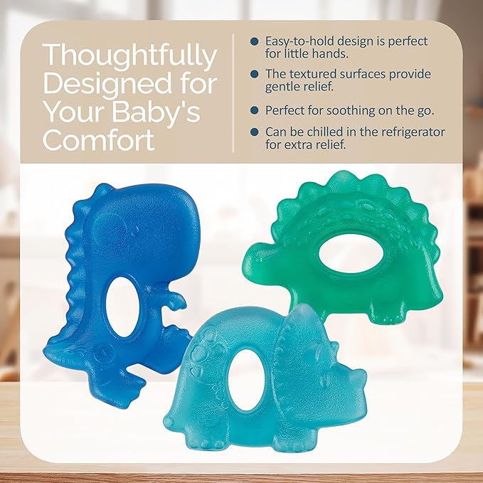 Itzy Ritzy Water-Filled Teethers - Cold Cutie Coolers Textured On Both Sides to Massage Sore Gums & Emerging Teeth - Can Be Chilled in Refrigerator, Set of 3 Coordinating Dinosaur Water Teethers-CubbioJoy