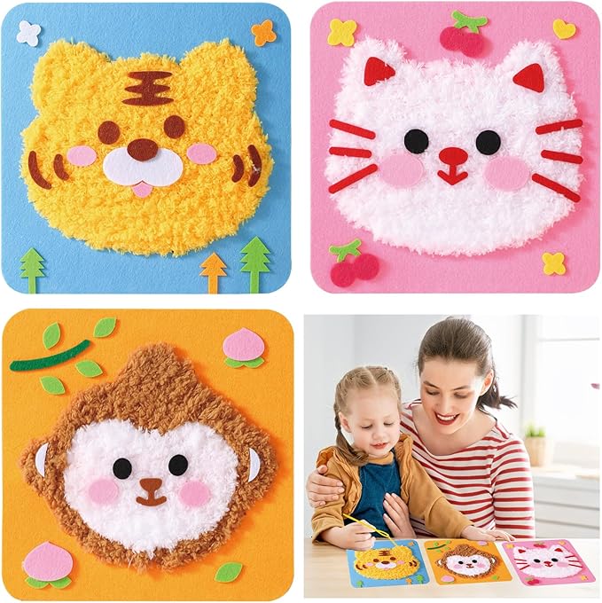 DIY Embroidery Doll Kit, Cartoon Animal Craft Sewing Kit for Kids, Felt Crafts, Beginner Sewing for Kids Ages 4-8 Plus - Helps Develop Fine Motor Skills (3PCS-Monkey/Tiger/Cat)-CubbioJoy
