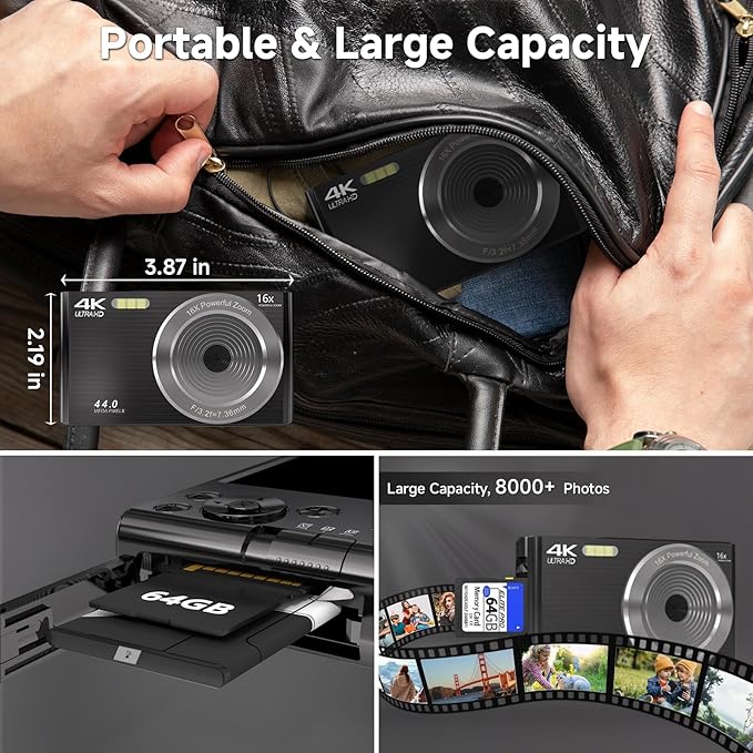 Digital Camera 4K, Upgrade Black Cameras for Teens, Autofocus Digital Point and Shoot Camera for Kids with 16X Zoom, 64GB SD Card, Compact Small Camera for Boys Girls Teens Kids Gift-CubbioJoy