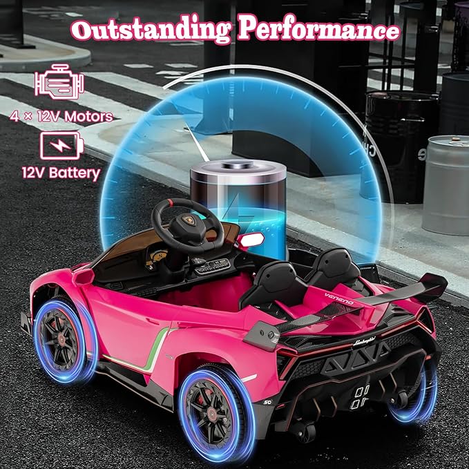 Costzon Pink Lamborghini Ride on Car, 12V Battery Powered 4WD Lambo Kids Car with Remote Control, 3 Speeds, Dual Doors, LED Lights, Horn, Music, Licensed Electric Vehicle for Toddlers Girls Kids Gift-CubbioJoy
