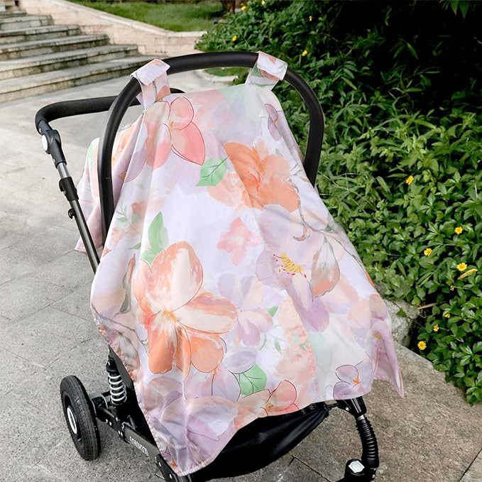 Car Seat Cover Baby, Infant Car Seat Canopy Covers for Newborn Girls Boys, Soft Minky Carseat Covers Stretchy Multi-Use Nursing Cover for Stroller Baby Car Seat, Purple Floral-CubbioJoy