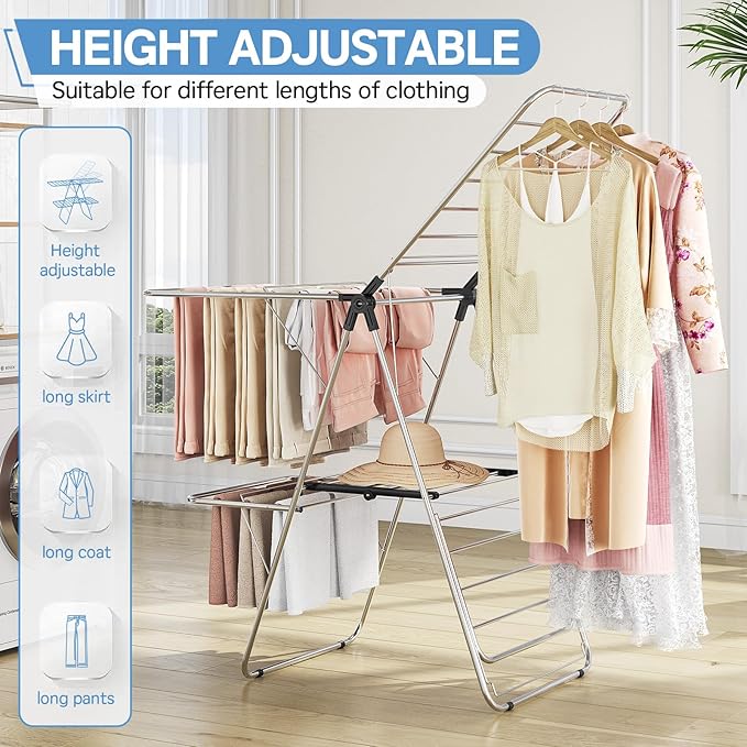 APEXCHASER Clothes Drying Rack with 4 Wings, Stainless Steel Drying Rack Clothing with Height-Adjustable, Foldable Gullwings Laundry Drying Rack, Indoor Outdoor Use, No Assembly, Black-CubbioJoy