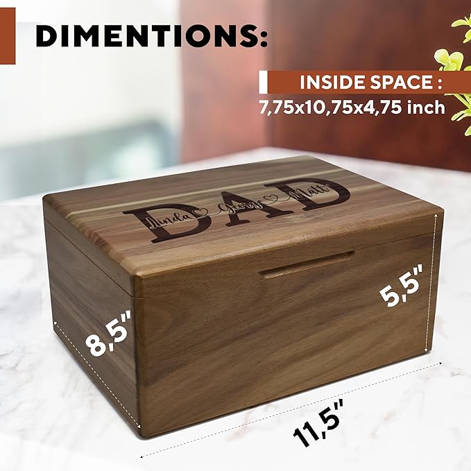 Dad Box with Kids Names - Custom Keepsake Box for Memories with Engraved Children Names, Personalized Fathers Gifts from Daughter/Son/Family, Birthday Gifts for Dad from Kids, 11.5x8.5x5.5 in-CubbioJoy