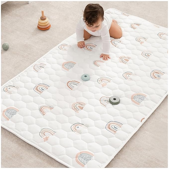 Comfy Cubs Rectangle Kids Play Mat - Small 36 x 60 inches Soft Quilted Baby Floor Mat with Non-Slip Bottom - Plush Design for Toddlers' Playtime and Relaxation - Comfortable and Durable - Rainbow-CubbioJoy