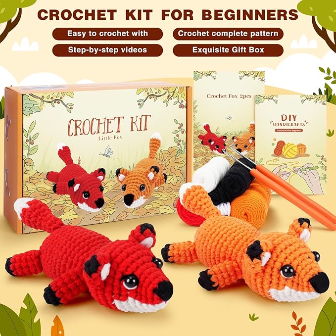 Crochet Kit for Beginners - 2 PCS Fox Crochet Kits with Step-by-Step Video Tutorials, Beginner Crochet Kit for Adults, Crochet Animal Kit for Kids, Crochet Fox Set (Orange & Red)-CubbioJoy