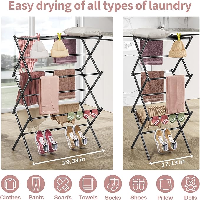 APEXCHASER Clothes Drying Rack, 3-Tier Laundry Drying Rack for Clothes, Expandable Metal Clothing Dryer, Collapsible Towel Rack, Air Drying Rack, Black-CubbioJoy