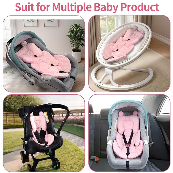 3in1 Reversible Carseat Head Body Support Newborn,3D Minnky Infant Car Seat Insert,Extra Soft Breathable Baby Car Seat Pillow Cushion Boys Girls,fit Stroller,Bouncer,Swing(Pink)-CubbioJoy