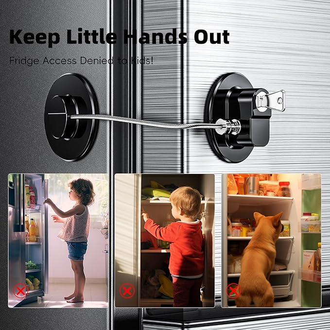 2 Pack Refrigerator Lock with Sticky Adhesive Pads, Child Proof Refrigerator/Fridge/Freezer Door Lock for Toddlers and Kids, Baby Safety Locks for RV Refrigerator, Cabinets and Drawers, Oven (Patent)-CubbioJoy