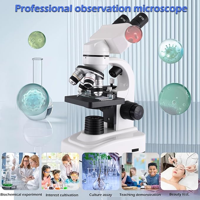 Compound Microscope，40X-2500X Research Class Professional Microscope，WF10x and WF25x eyepieces, Dual LED Lighting and Two-Layer Mechanical Stage，Microscope for Adults…-CubbioJoy
