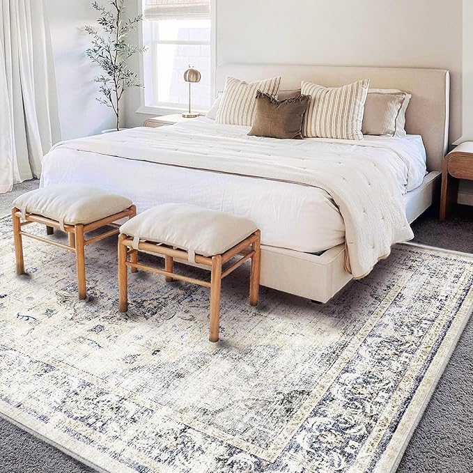 Area Rug 6'x9' Washable Floral Blue Vintage Traditional Floor Cover Thin Retro Kitchen Indoor Distressed Non Slip Carpet for Living Room Bedroom Dining Room-CubbioJoy