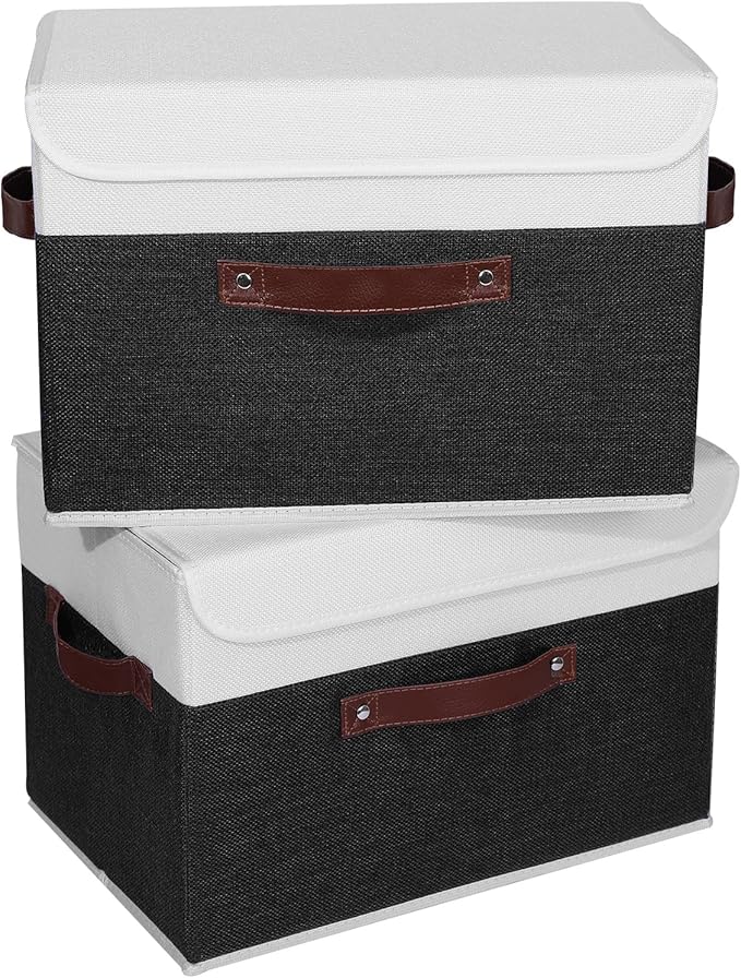 ANMINY 2PCS Storage Boxes with Lid Washable Decorative Storage Bins Basket with PU Leather Handle Foldable Linen Fabric Storage Cubes Containers for Home Closet Organizer - Black White, Large Size-CubbioJoy