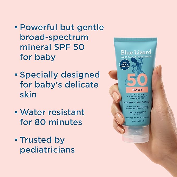 BLUE LIZARD Baby Mineral Sunscreen with Zinc Oxide, SPF 50+, Water Resistant, UVA/UVB Protection with Smart Cap Technology - Fragrance Free, 3 Ounce Tube-CubbioJoy