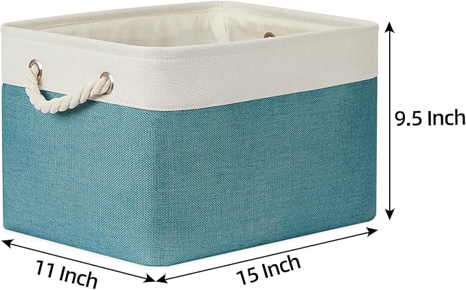 Bidtakay Basket Storage Bins with Handles Fabric Large Storage Baskets for Organizing Set of 3 Collapsible Rectangular Basket for Shelves Closet Organizer 15 X 11 X 9.5 Inches(White&Teal Blue)-CubbioJoy