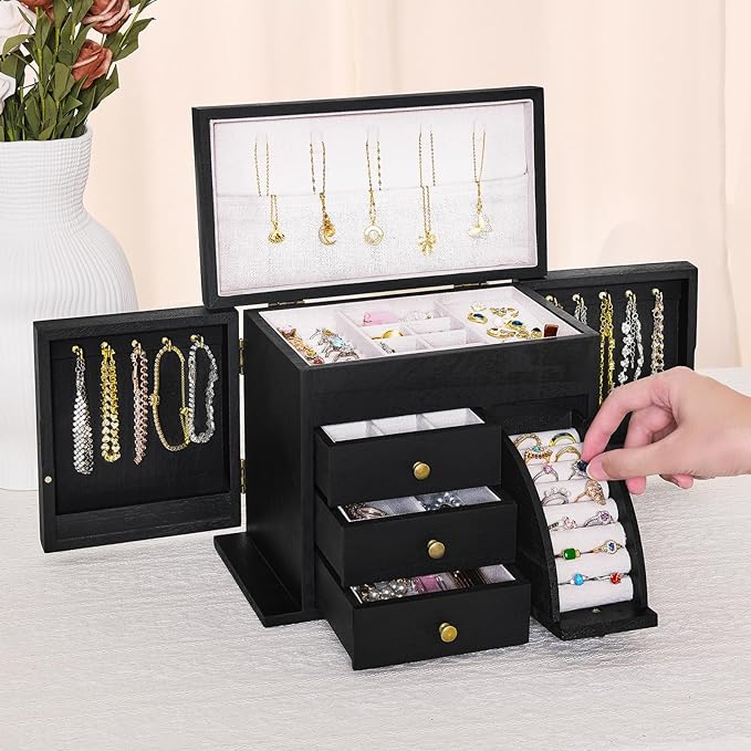 Jewelry Box Organizer, Solid Wood Jewelry Boxes for Women, Double Layer Jewelry Organizer Box Display Earring Necklace Bracelet Ring, Rustic Style Small Jewelry Box for Girls (Black)-CubbioJoy