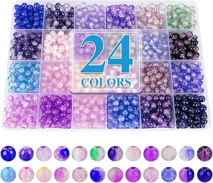 About 1200PCS 6mm Crack Glass Beads,24 Assorted Crack Violet Purple Series Colorful Crystal Beads for Bracelet and Jewelry Making and DIY Crafts,Friendship Bracelets-CubbioJoy