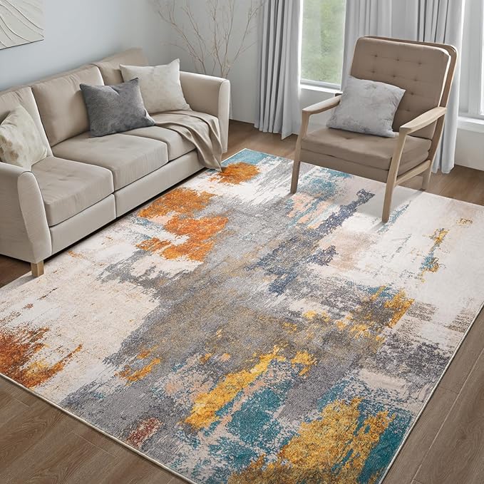 Kelarea Living Room Rug, 5x7 Rug Modern Abstract Washable Rugs Grey Faux Wool Vintage Carpets, Non Slip Rug for Bedroom, Dining Room, College Dorm, Kids Playroom, Home Office-CubbioJoy