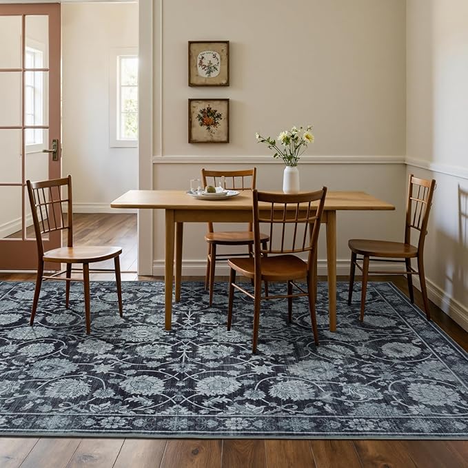 6x9 Area Rug for Living Room & Bedroom, Washable Non-Slip Vintage Distressed Rugs, Floral Soft Carpet, Low Pile Wool Carpets for Indoor Dining Home Office Playroom Under Table, Black-CubbioJoy