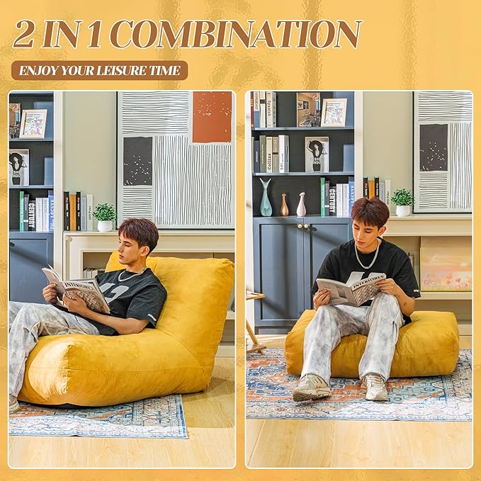 Bean Bag Chair with Ottoman, Comfy Bean Bag Sofa with Memory Foam, Lazy BeanBag Sofa with Footstool, Fireside Bean Bag Couch for Living Room, Bedroom, Apartment-CubbioJoy