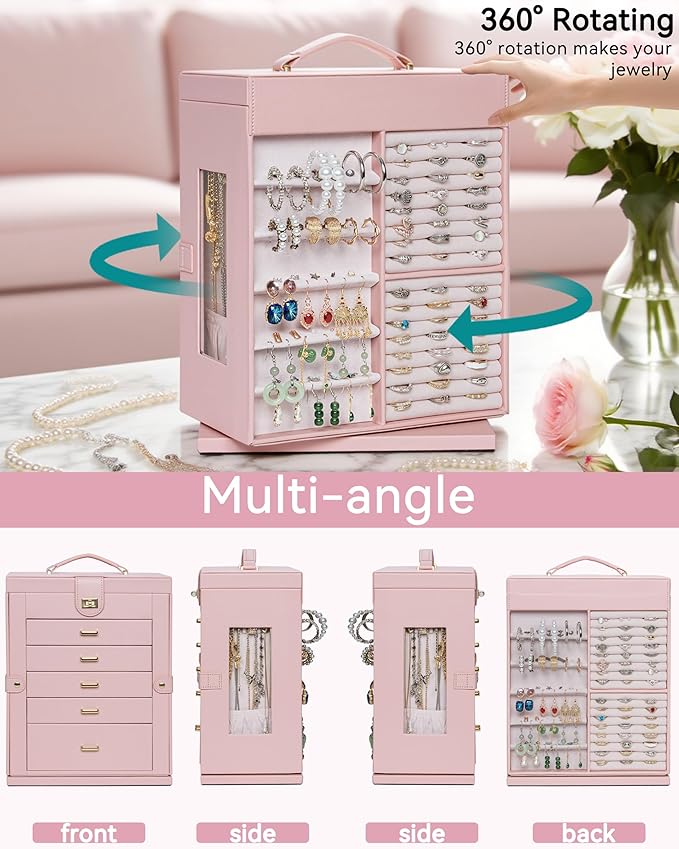 AKOZLIN 360° Rotating Jewelry Box 6-Tier Organizer Functional Jewelry Storage Case for Women Girls Ring Necklace Earring Bracelet Holder with Mirror Pink-CubbioJoy