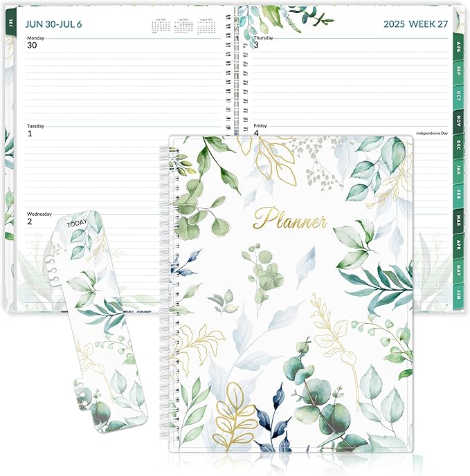 SUNEE Academic Planner 2025-2026 Weekly and Monthly, July 2025-June 2026, 8.5"x11", Tabs, Note Pages, Pockets, Bookmark, Flexible Cover, Spiral Binding, Greenery-CubbioJoy