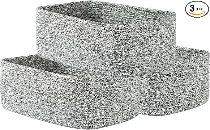 KALLAX Small Woven Basket, 12 x 8 x 4.5 Inches, Storage Basket for Organizing, Cute Small Rope Shelf Closet Cube Storage Bins Baskets for Shelves, Dog Toy Gift Baskets Empty, 3 Packs, Mixed Grey-CubbioJoy