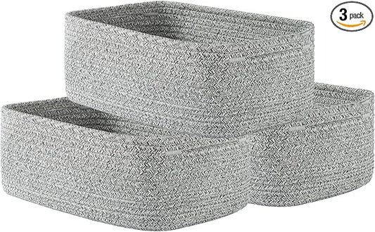 KALLAX Small Woven Basket, 12 x 8 x 4.5 Inches, Storage Basket for Organizing, Cute Small Rope Shelf Closet Cube Storage Bins Baskets for Shelves, Dog Toy Gift Baskets Empty, 3 Packs, Mixed Grey-CubbioJoy