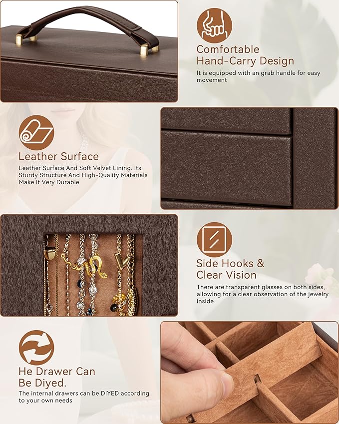 AKOZLIN 360° Rotating Jewelry Box 6-Tier Organizer Functional 360° Rotating Jewelry Storage Case for Women Girls Ring Necklace Earring Bracelet Holder with Mirror Brown-CubbioJoy