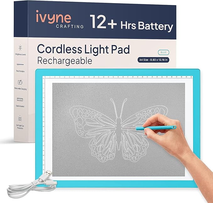 iVyne Rechargeable A4 Light Pad for Tracing & Weeding - LED Light Board for Weeding Vinyl - for Cricut Vinyl Weeding Tools - Ultra-Thin & Portable - Perfect for Artists & Crafters - Blue-CubbioJoy